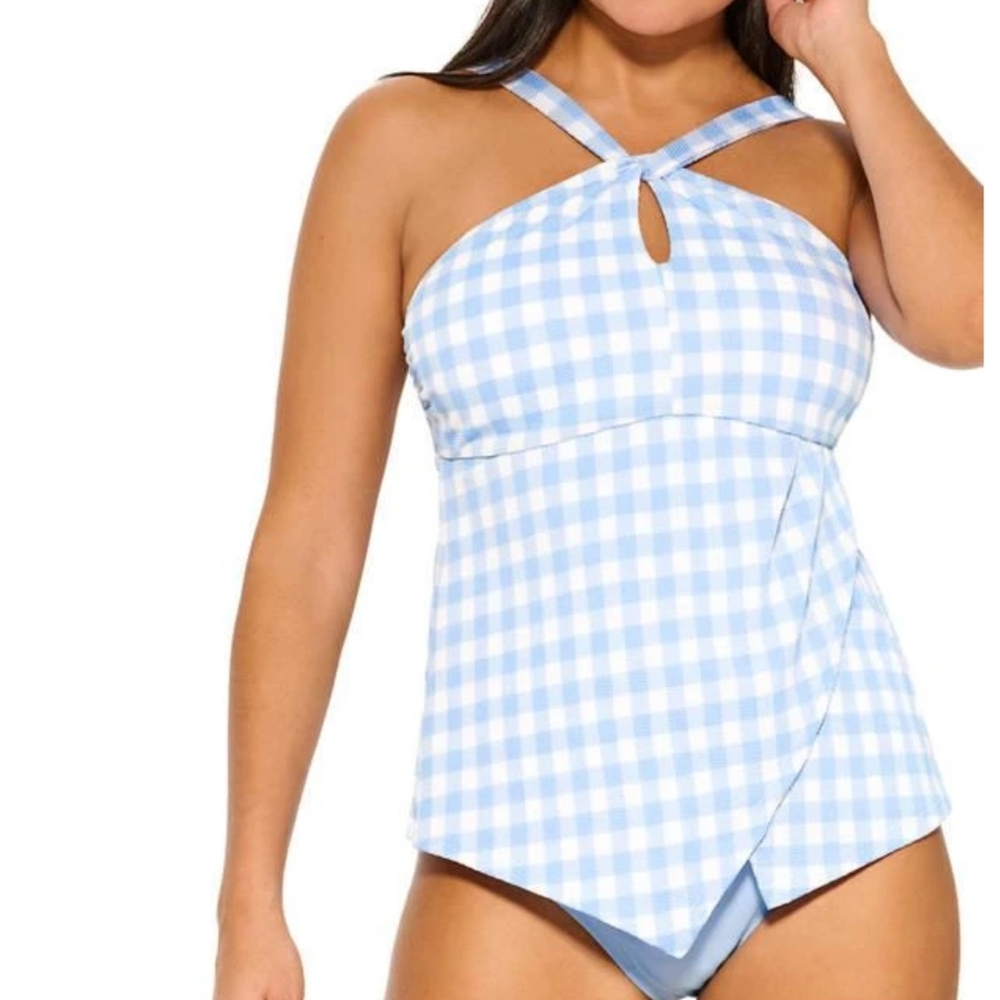 Crown & Ivy Gidget Gingham Keyhole Neck Tankini Top | Size 3X | Jazz Blue | NWT